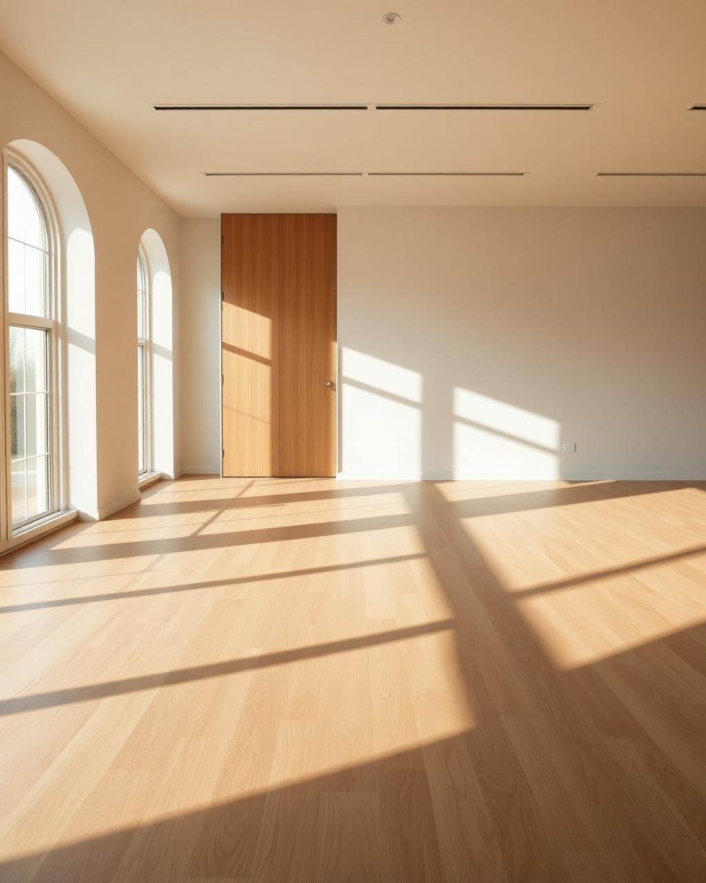 Sunlit interior with wide-plank light oak flooring